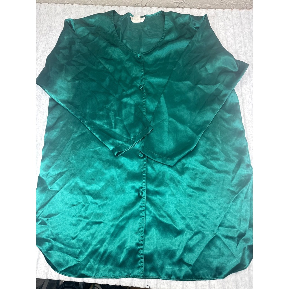 The Lingerie Collection Emerald Green Satin Button Front Nightshirt M/L RN70091